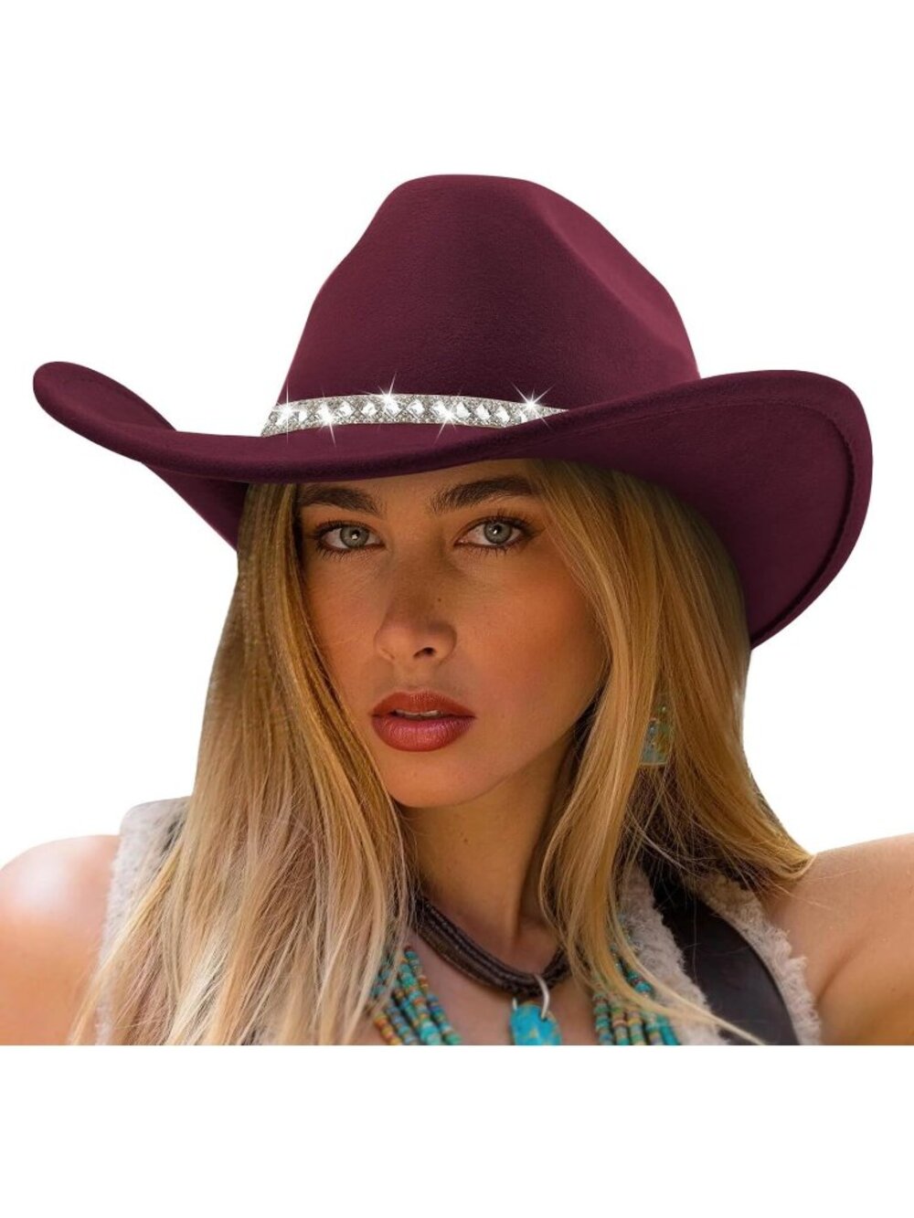 Unisex Burgundy Felt Wide Brim Fedora Belt Buckle Western Cowboy Rolled Cap Hat